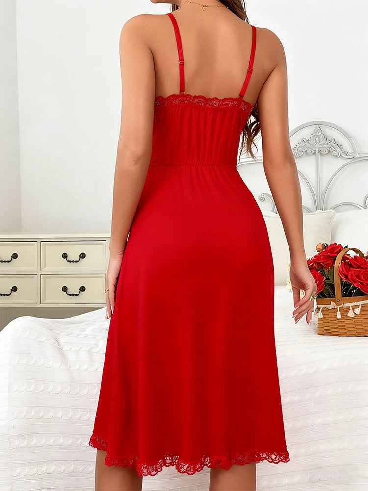 Premium Women V Neck Lace Sleepwear Duo Romantic Nightgown