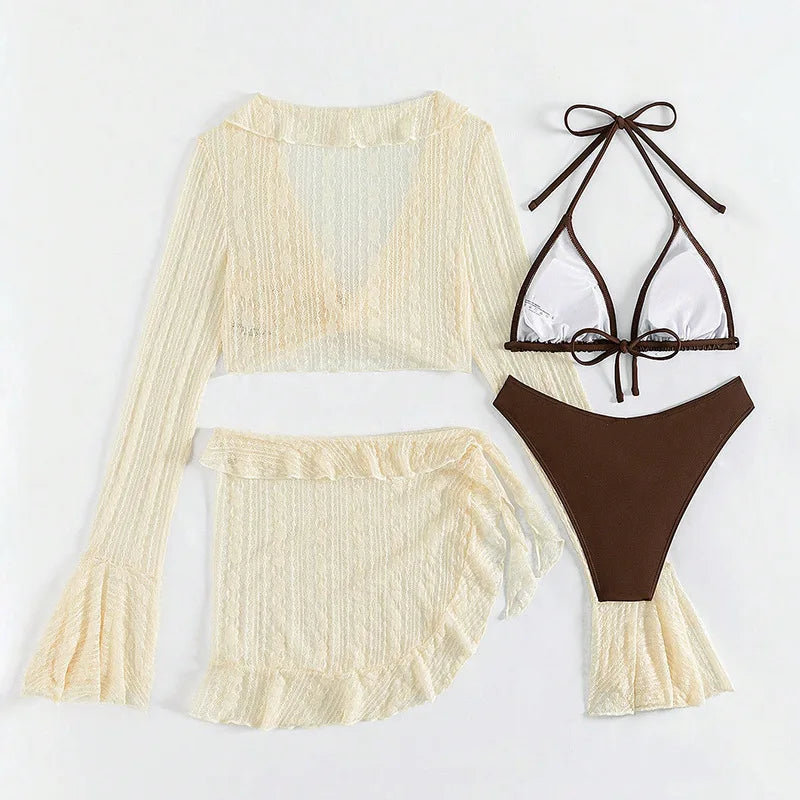 Women's 4-Piece Bikini Set with Long-Sleeve Cover-Up