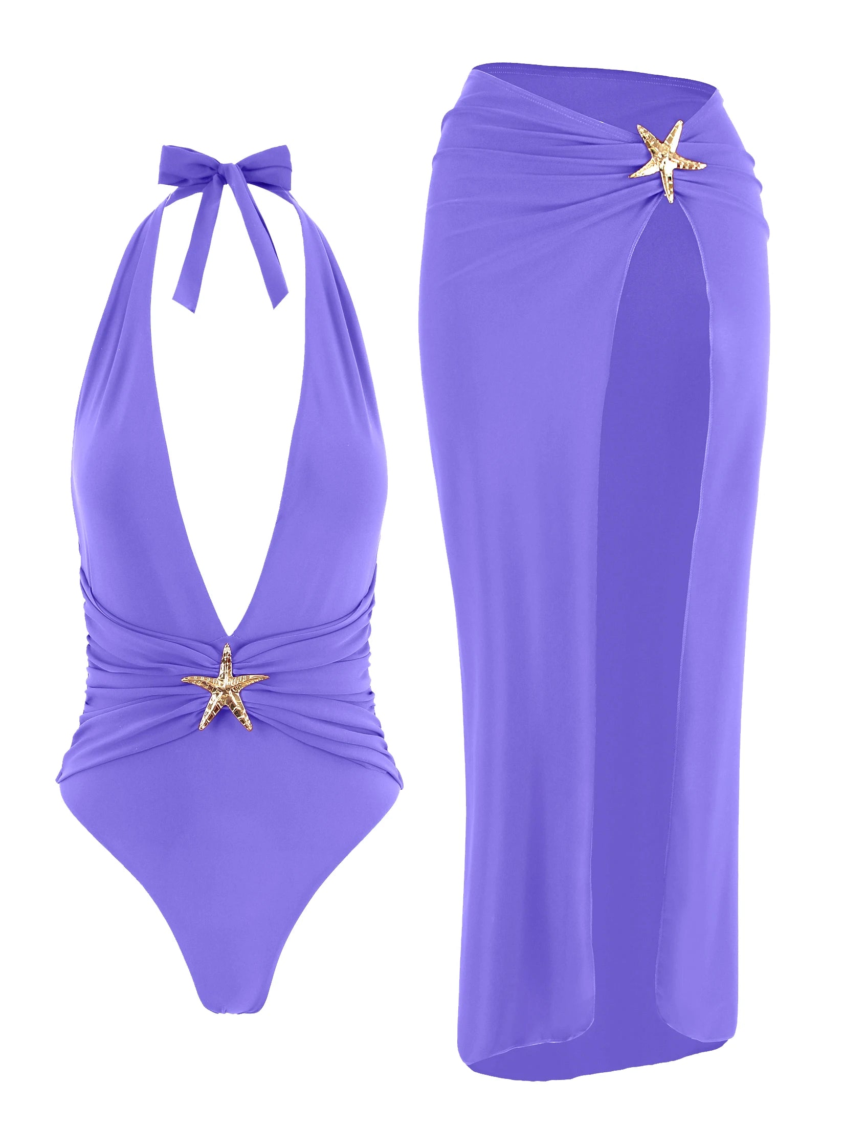 Chic Two Piece Halter Swimsuit Set Matching Beach Skirt