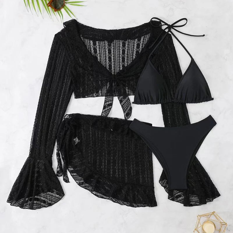 Women's 4-Piece Bikini Set with Long-Sleeve Cover-Up