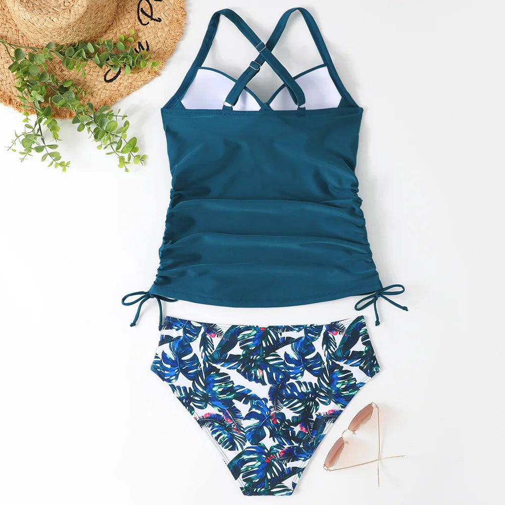 Leaf Print Halter Tankini Swimsuit Set For Summer
