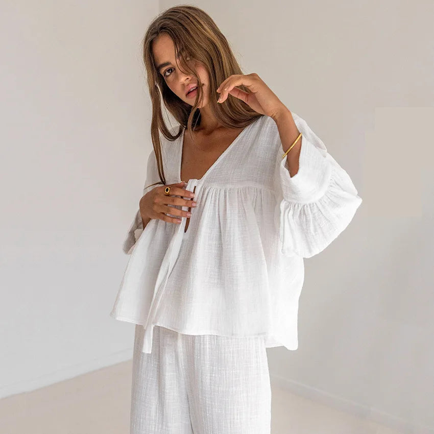 Breathable Cotton Women's V-Neck Pajama Set Loose Lounge Suit