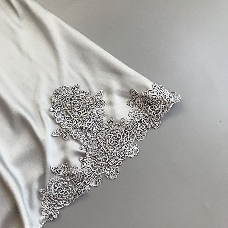 Women's Elegant Silk Satin Nightgown With Floral Lace Trim Soft Sleepwear Robe