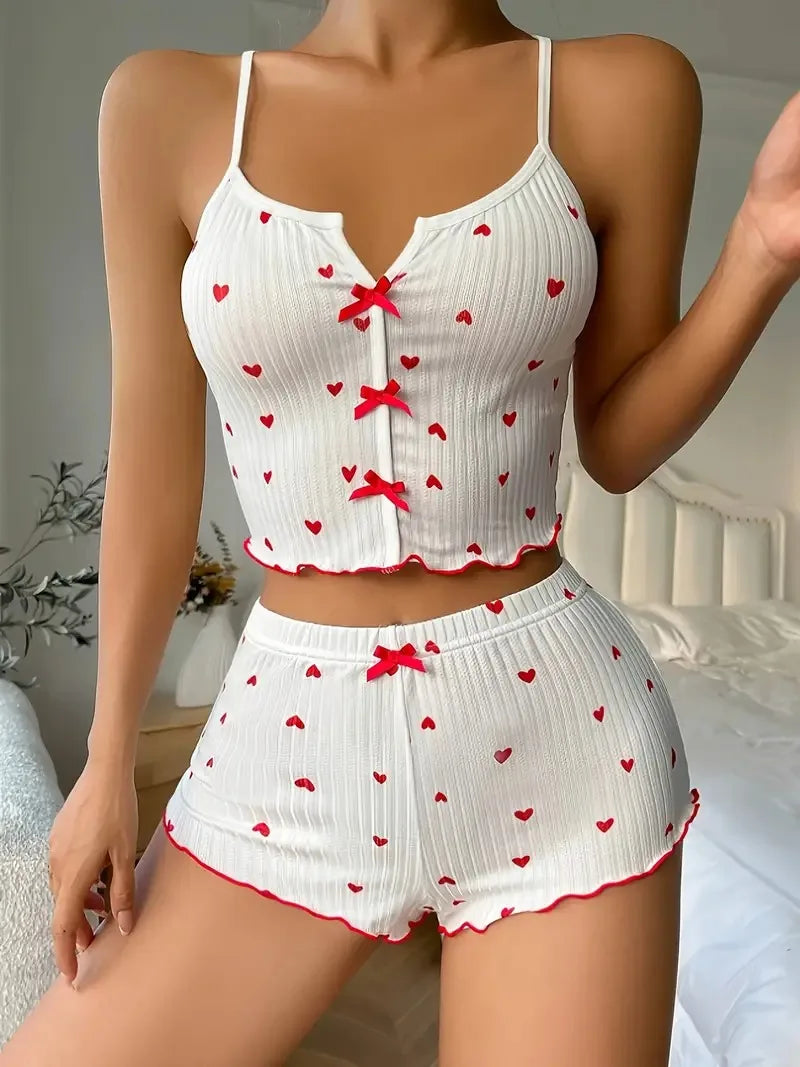 Soft Ribbed Women's Heart Print Cami Pajama Shorts Set
