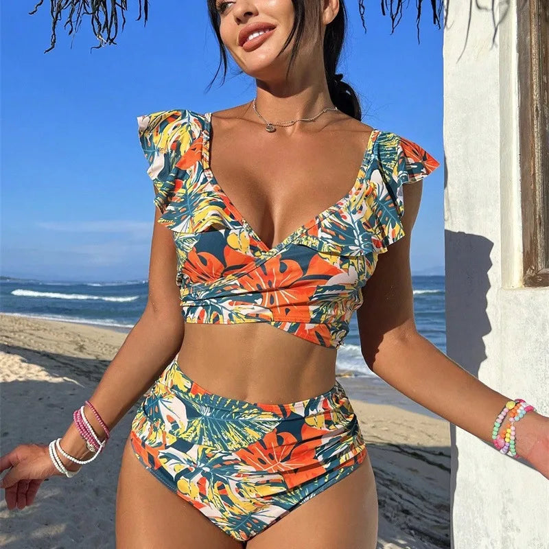Women Tropical Floral Ruffle Trim Two Piece Bikini Swimsuit