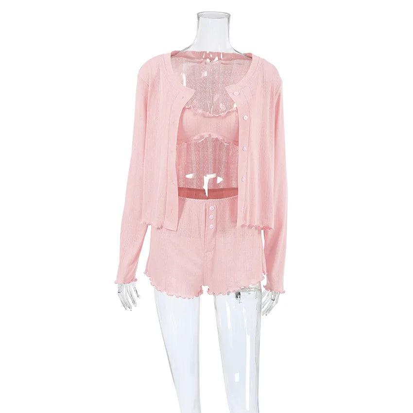 Soft Women 3 Piece Pajama Set Long Sleeve Nightwear