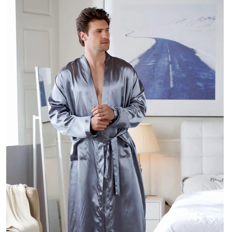 Soft Gray Men's Plus Size Kimono Bathrobe with Pockets