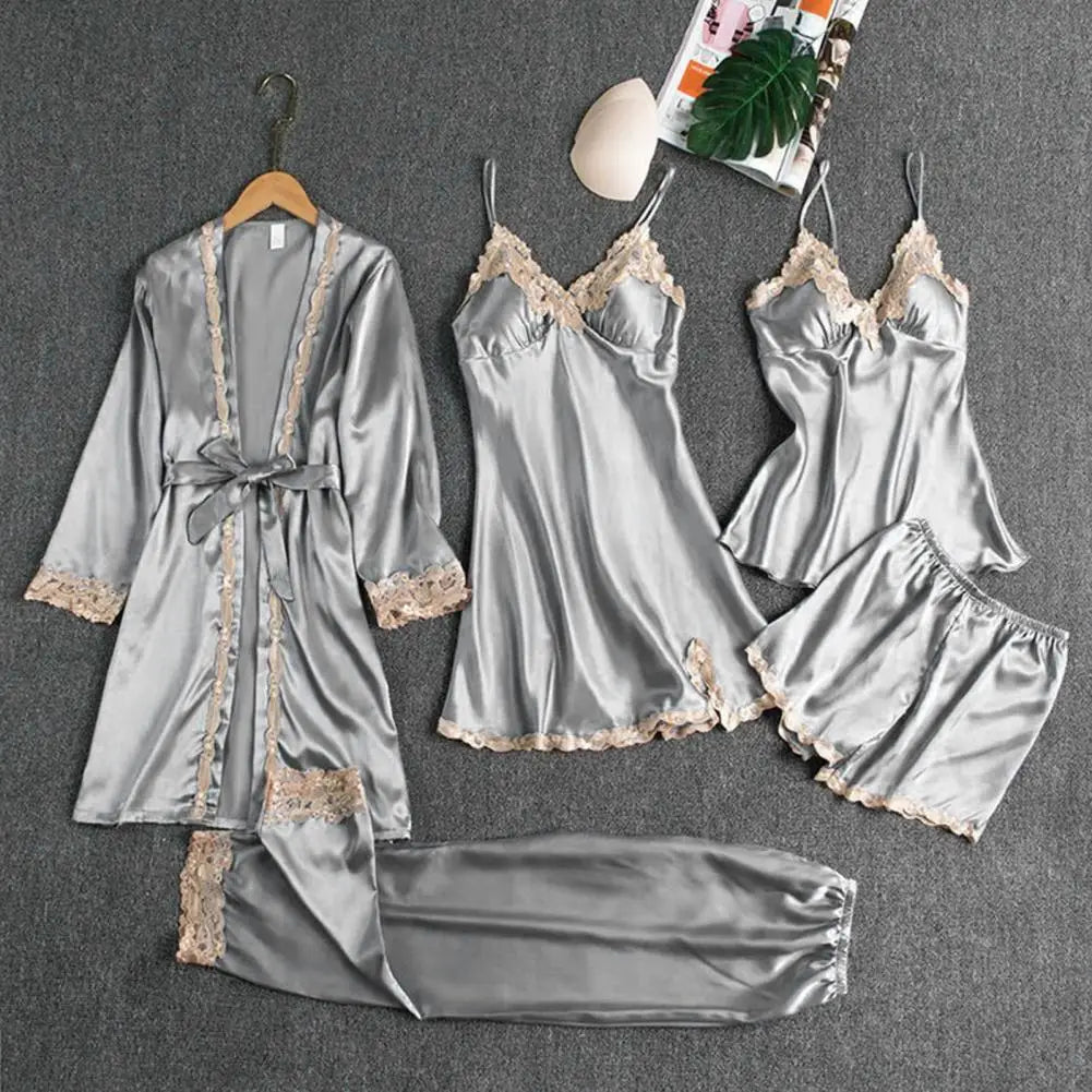 Women's 5-Piece Satin Sleepwear Set Includes Robe Nightgown Top Shorts And Pants