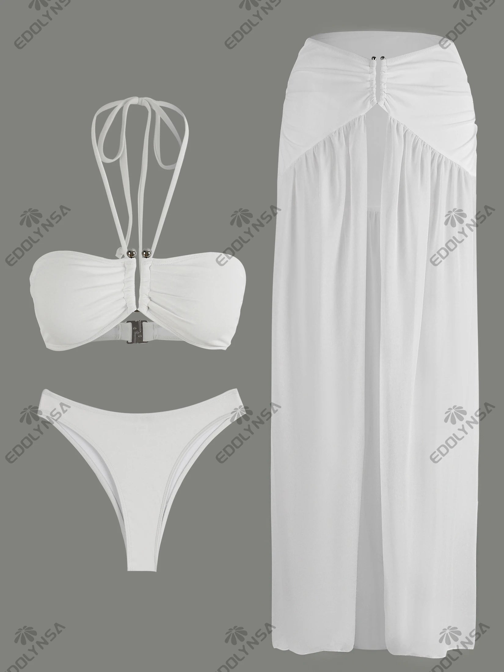 Women's White Halter Bikini Three Piece Maxi Skirt Set