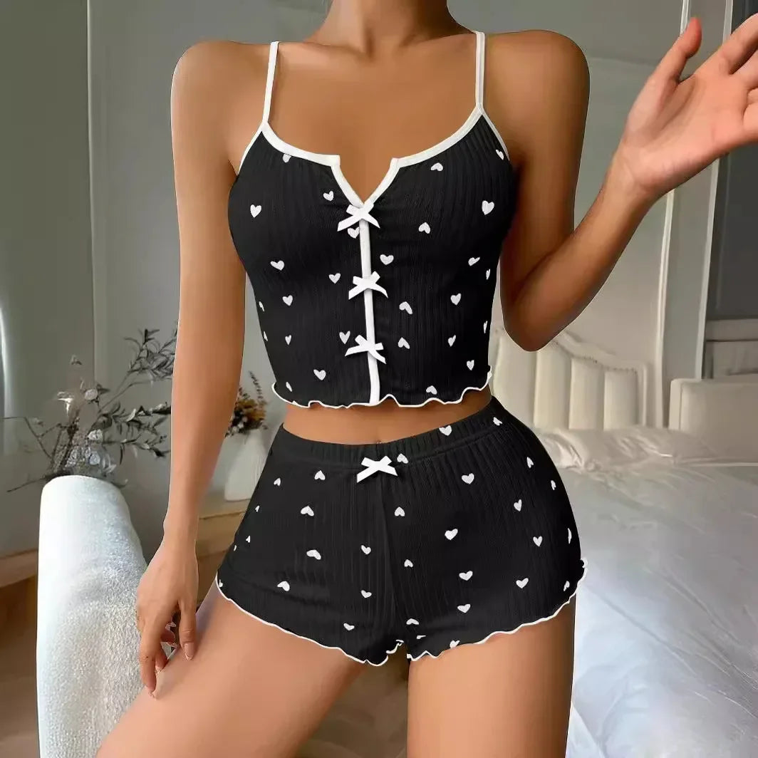 Soft Ribbed Women's Heart Print Cami Pajama Shorts Set