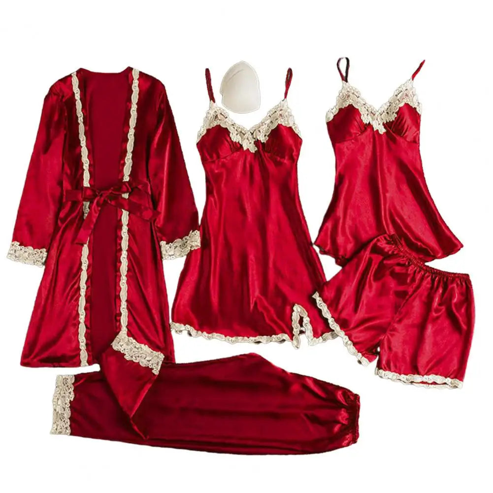Women's 5-Piece Satin Sleepwear Set Includes Robe Nightgown Top Shorts And Pants