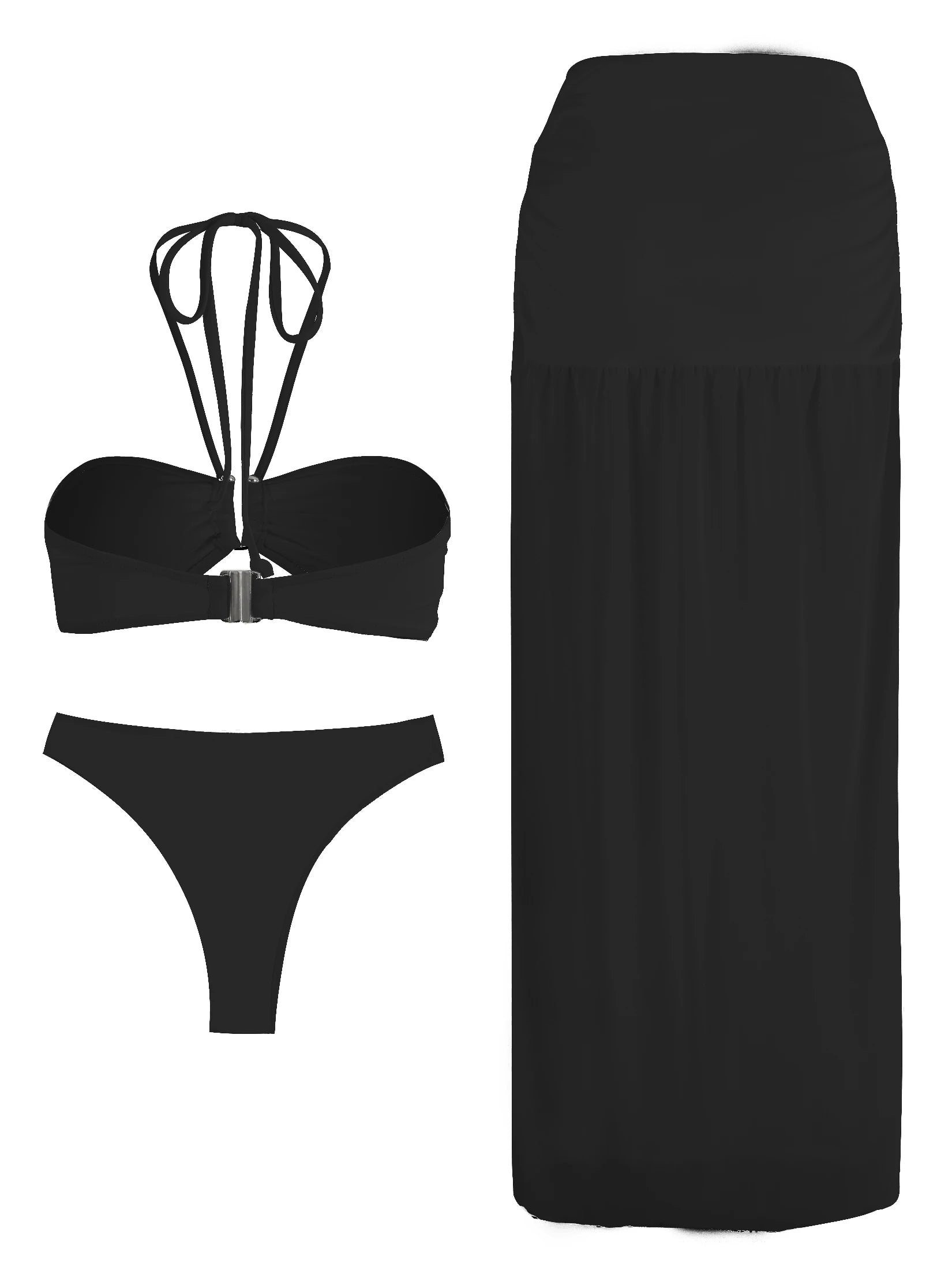 Women's White Halter Bikini Three Piece Maxi Skirt Set