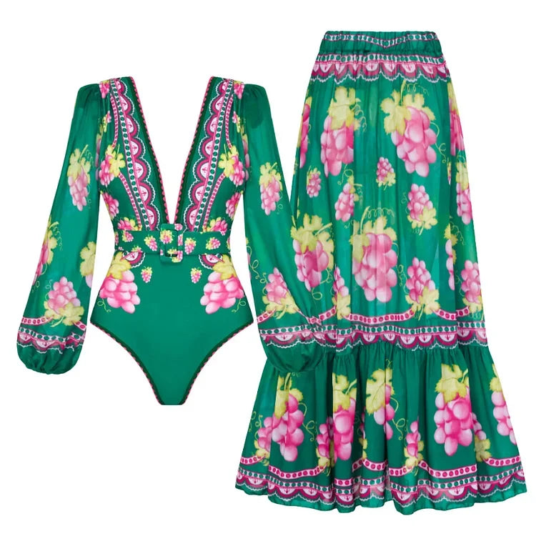 Elegant Women Jungle Green Print One Piece Swimsuit Skirt Set