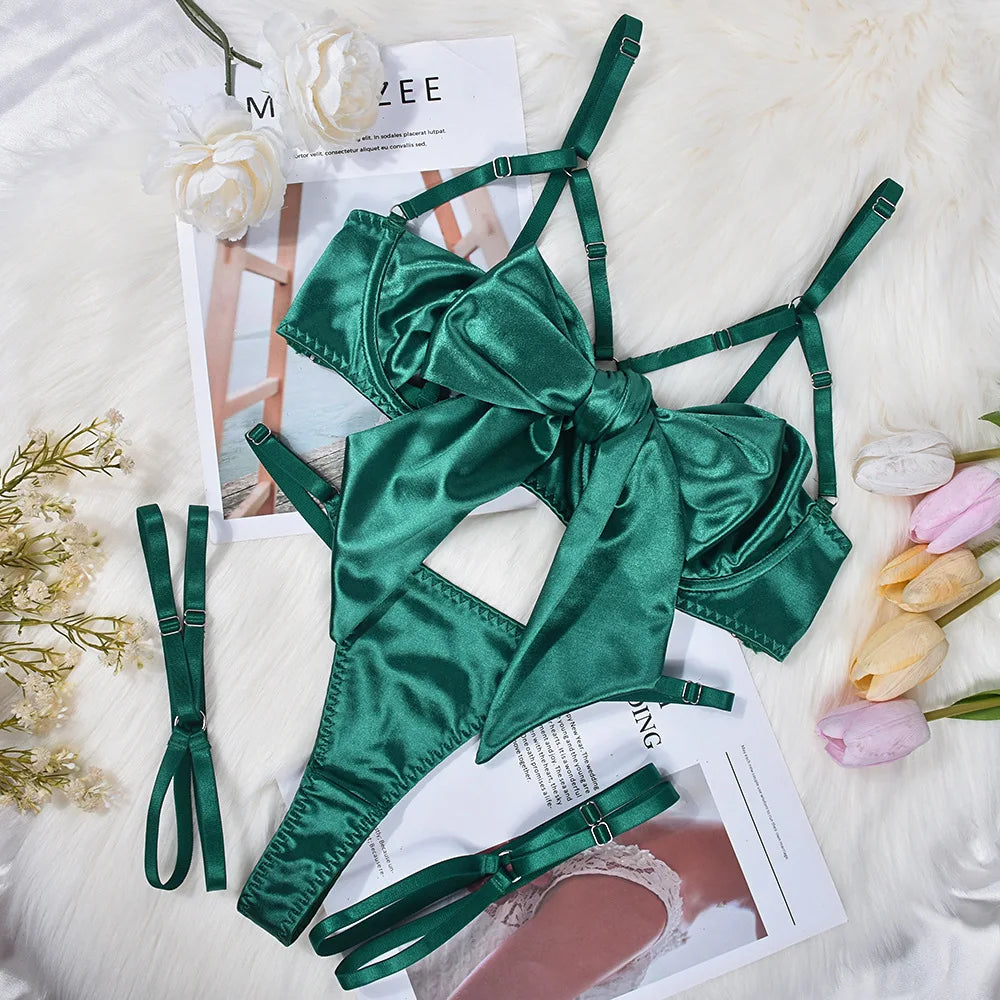Women's Exquisite Bow Underwire Three Piece Matching Lingerie Set