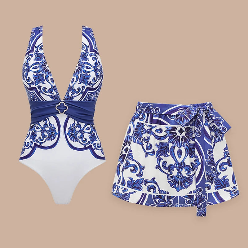 Premium Majolica Print One Piece Swimsuit And Pants Set