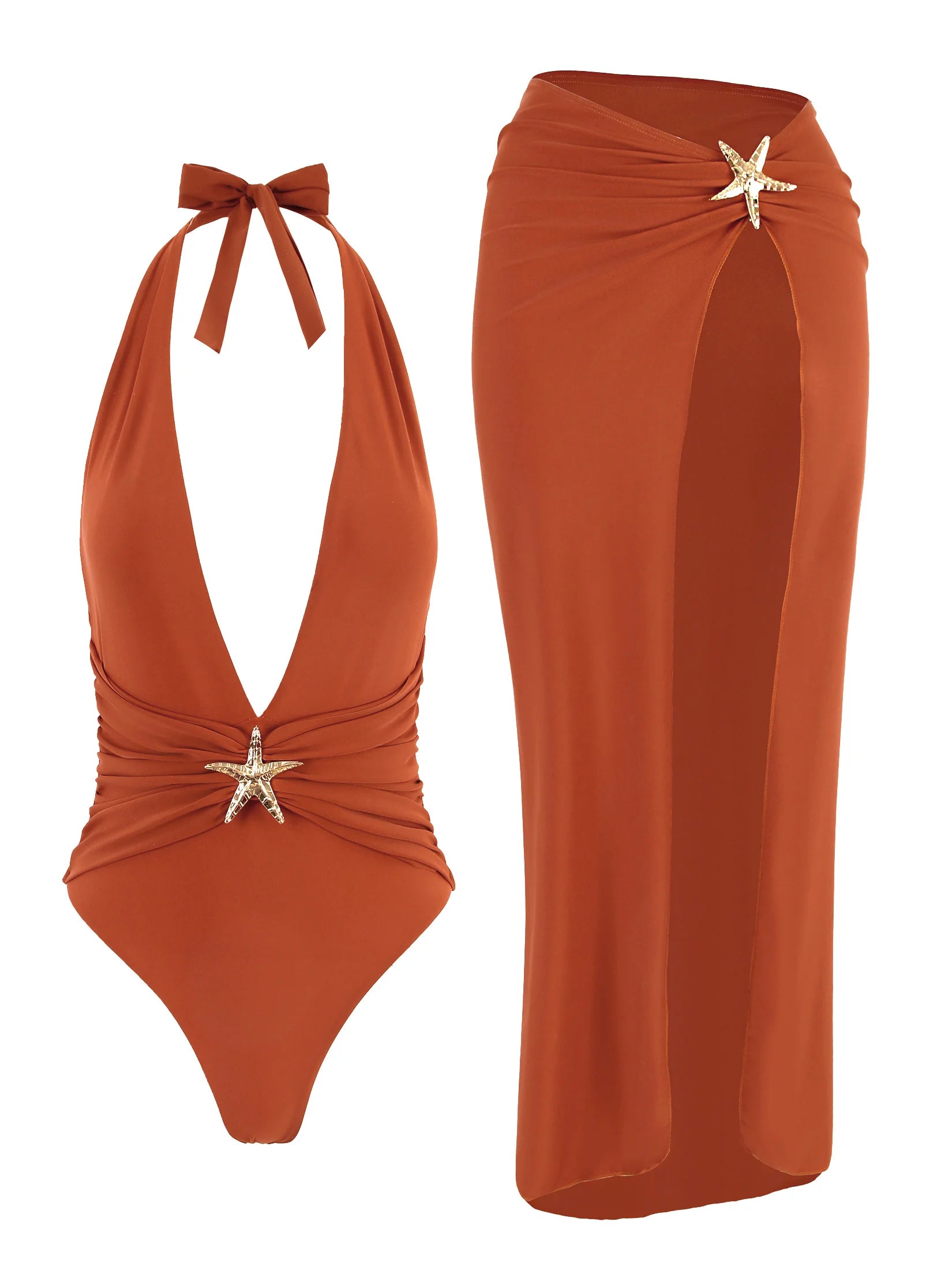 Chic Two Piece Halter Swimsuit Set Matching Beach Skirt