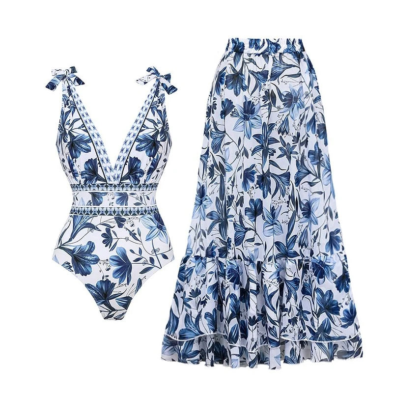 Flaxmaker Summer Women Lace Up V Neck Ruffle Swimsuit Sarong