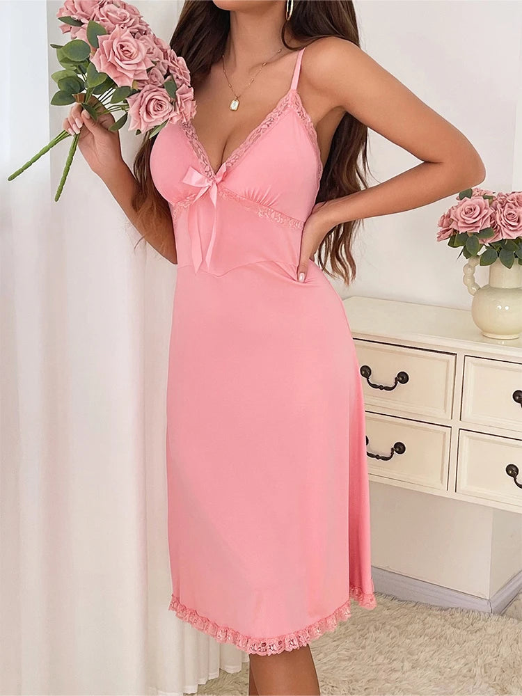 Premium Women V Neck Lace Sleepwear Duo Romantic Nightgown