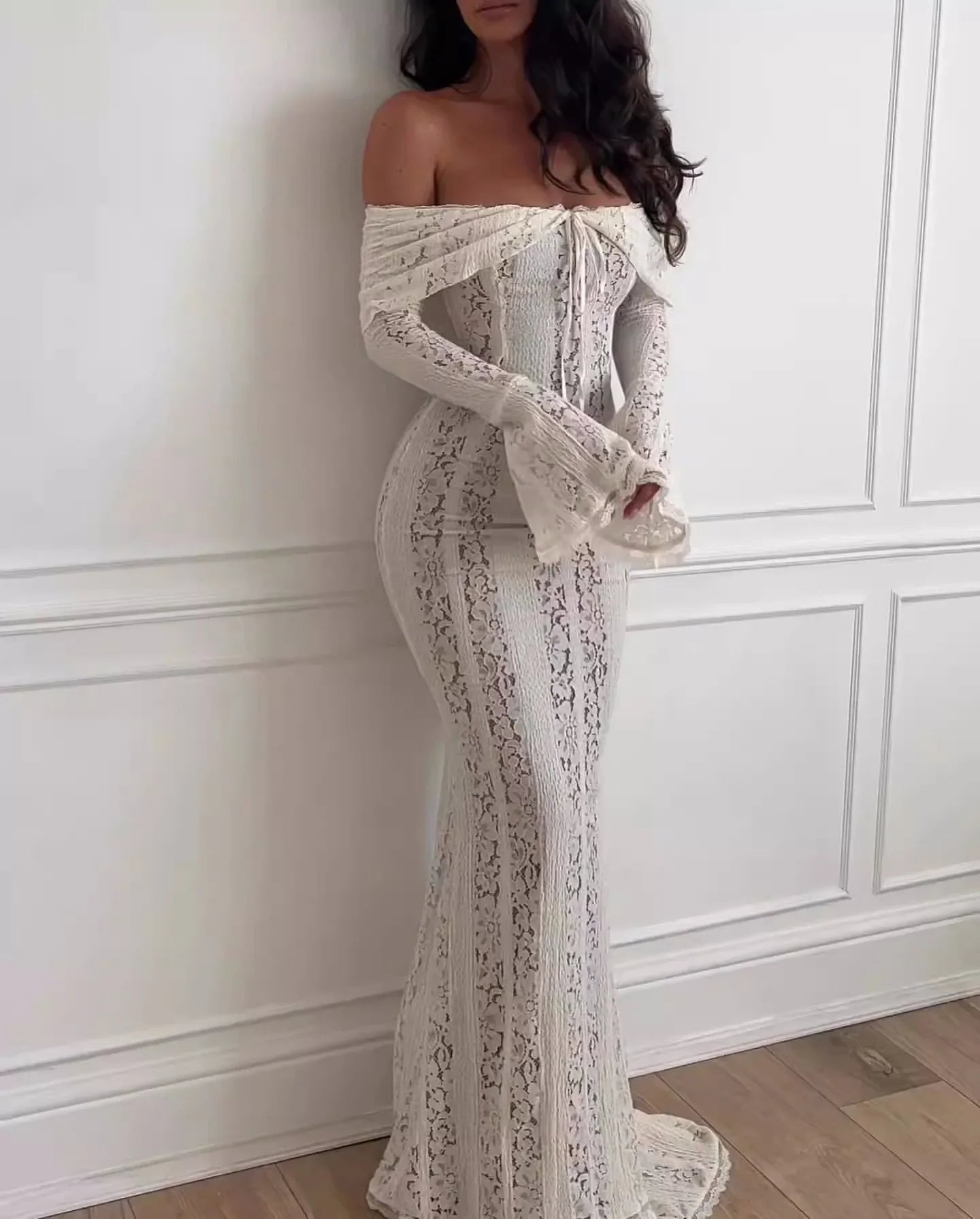Premium Women White Bodycon Lace Maxi Dress Flare Sleeves