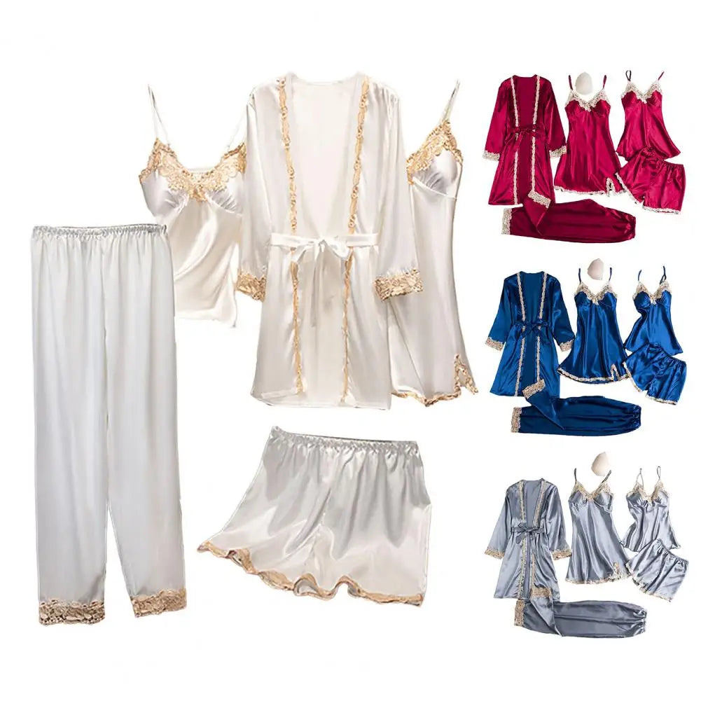 Women's 5-Piece Satin Sleepwear Set Includes Robe Nightgown Top Shorts And Pants