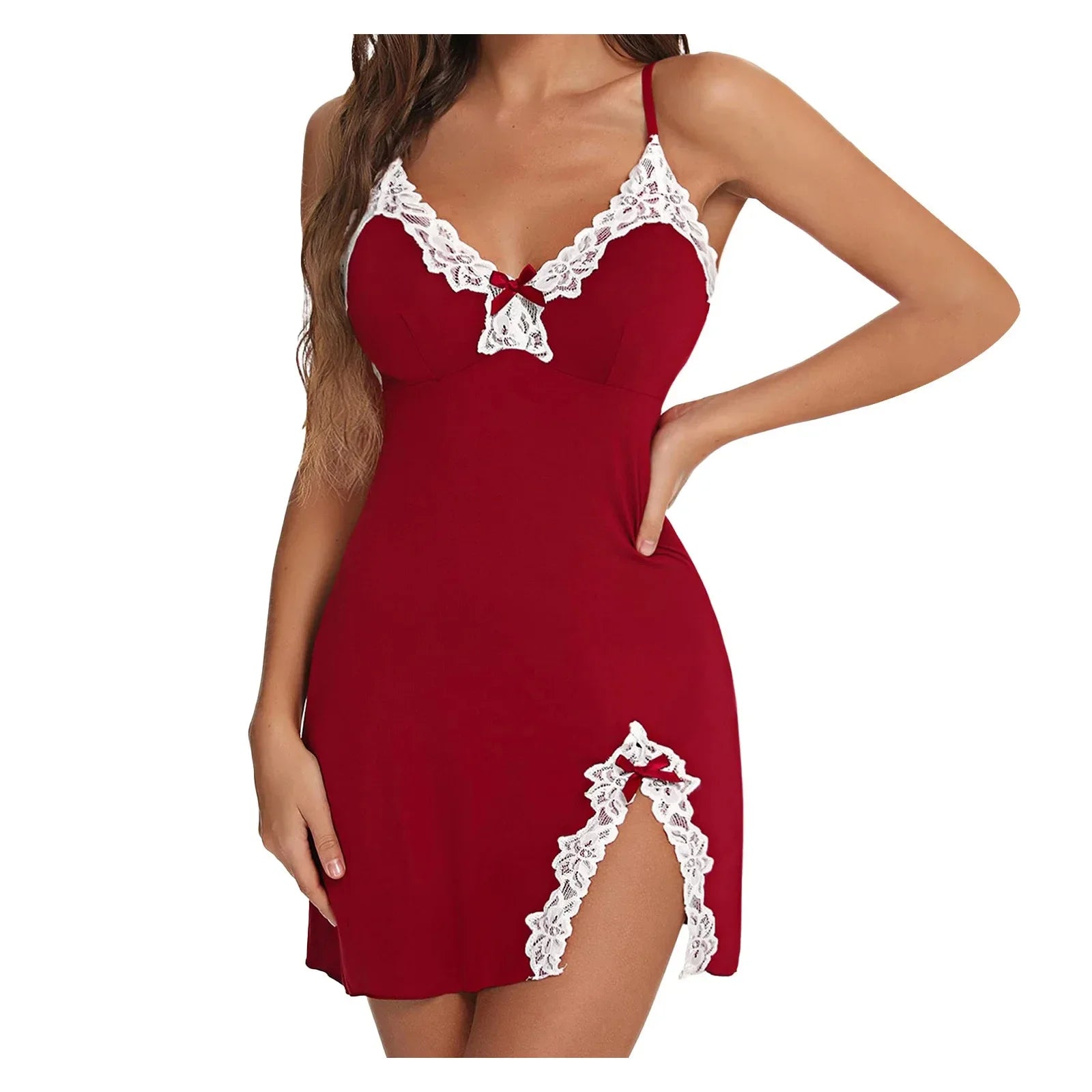 Silky Lace V-Neck Nightgown Premium Soft Split Sleepwear