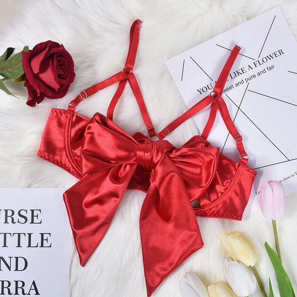Women's Exquisite Bow Underwire Three Piece Matching Lingerie Set