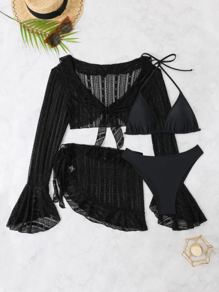 Circyy Black Long Sleeve Rash Guard Ruffled Bikini Set