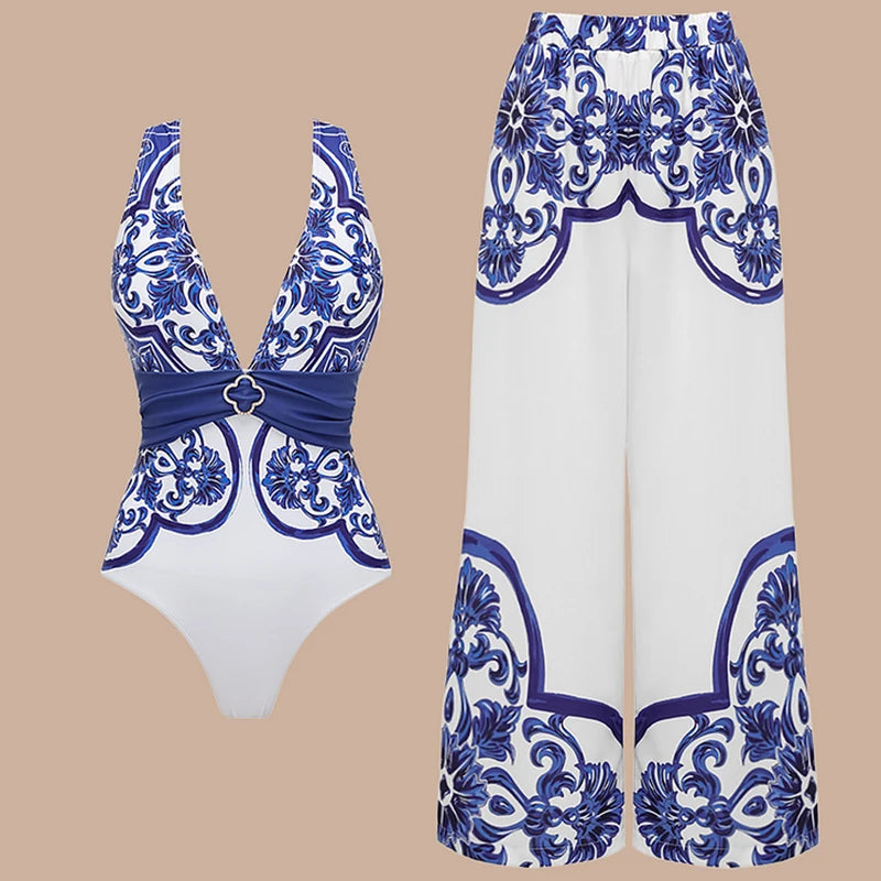 Premium Majolica Print One Piece Swimsuit And Pants Set