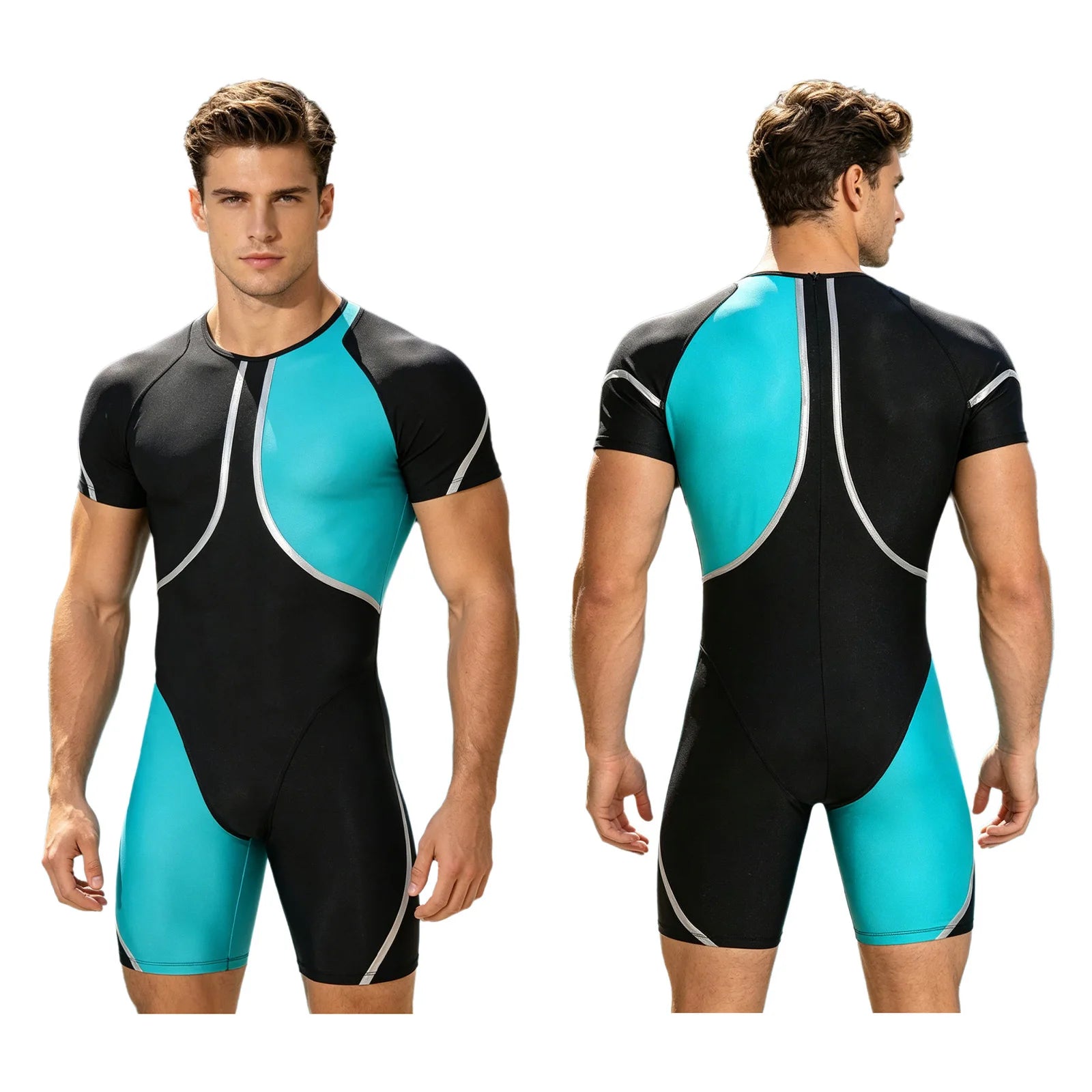Men's Short Sleeve Rash Guard One Piece Swimsuit Zipper