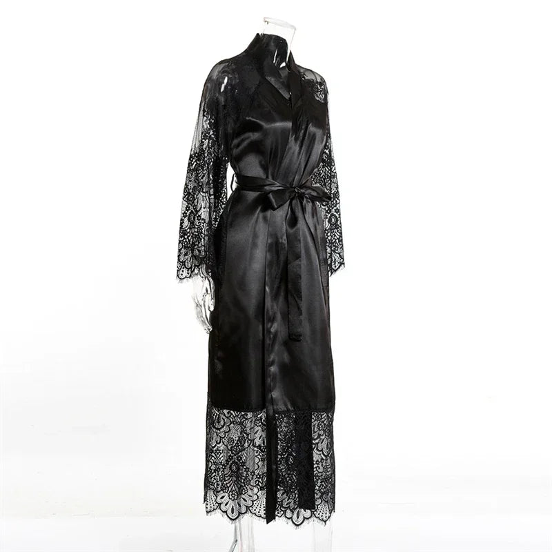 Women's Elegant Lace Satin Kimono Long Nightgown Robe