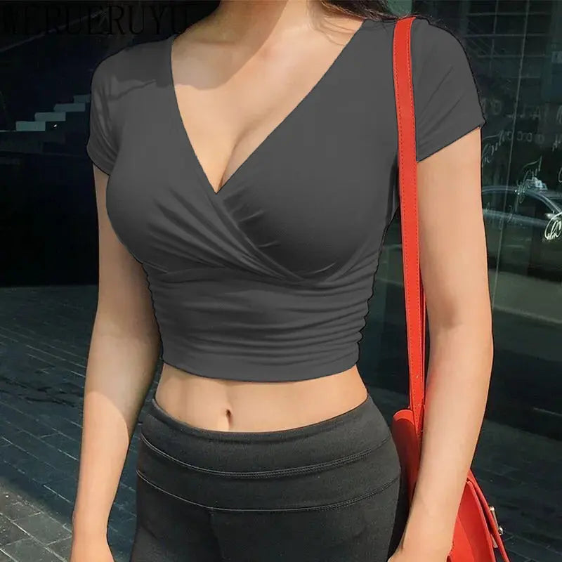 Premium Women Black V Neck Y2K Streetwear Crop Tshirt