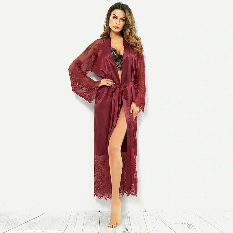 Women's Elegant Lace Satin Kimono Long Nightgown Robe