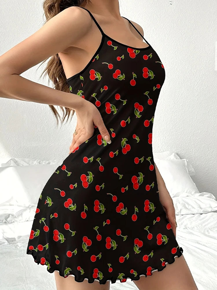 Summer Women's Satin Teddy Bear Butterfly Ruffled Strap Sleepwear