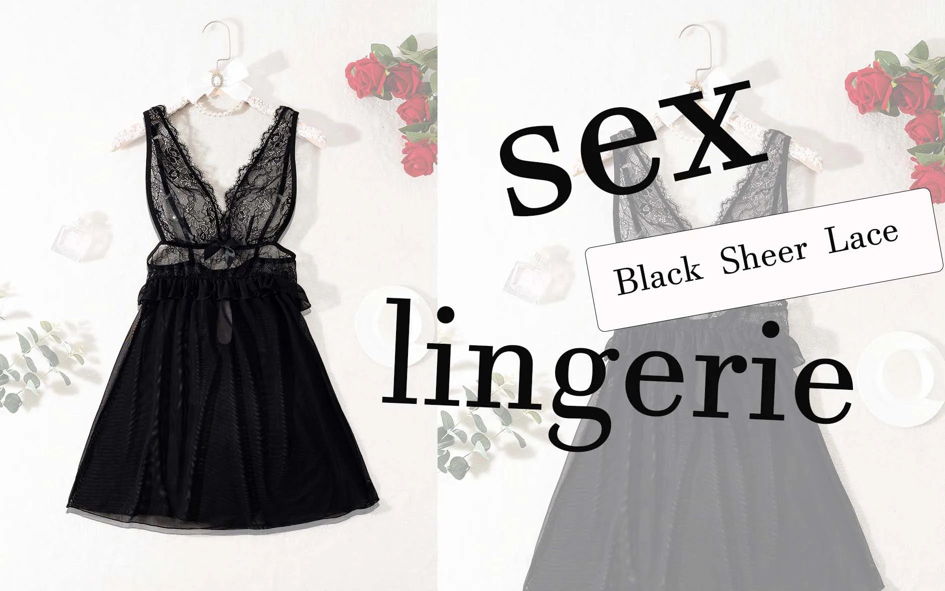 Premium Women Black Mesh Nightdress Sheer Lace V Neckwear