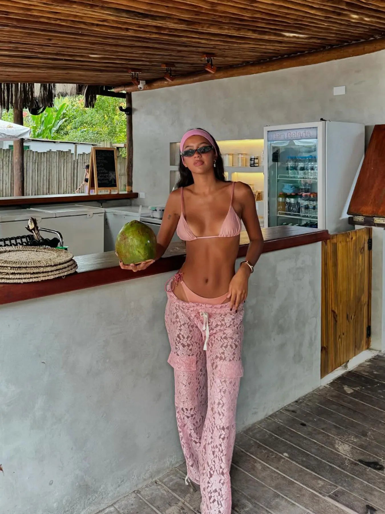 Elegant Pink Three Piece Bikini Set and Lace Wide Leg Pants