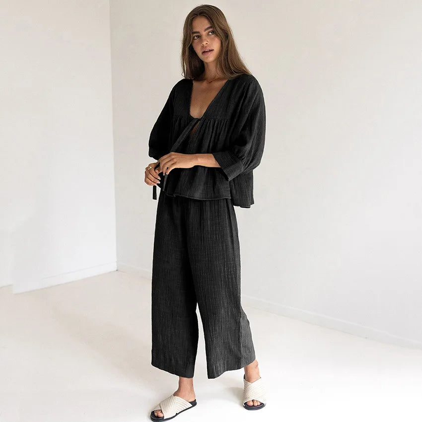 Breathable Cotton Women's V-Neck Pajama Set Loose Lounge Suit