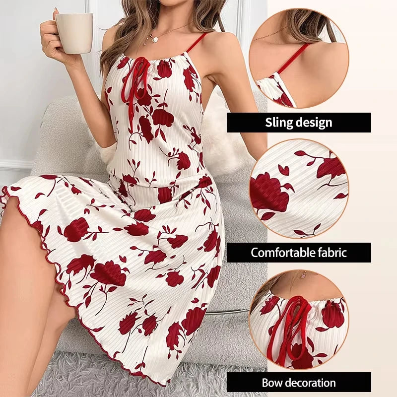 Elegant Women Floral Ribbed Summer Nightgown Lettuce Hem Dress