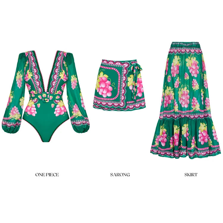 Elegant Women Jungle Green Print One Piece Swimsuit Skirt Set