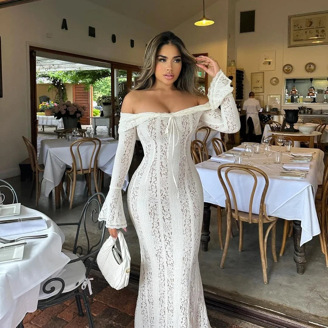 Premium Women White Bodycon Lace Maxi Dress Flare Sleeves