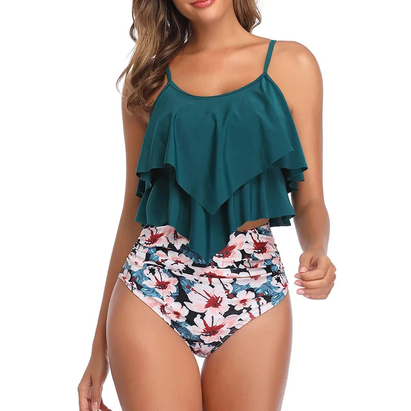 Premium Two Piece Ruffled Top High Waisted Swimsuit Set