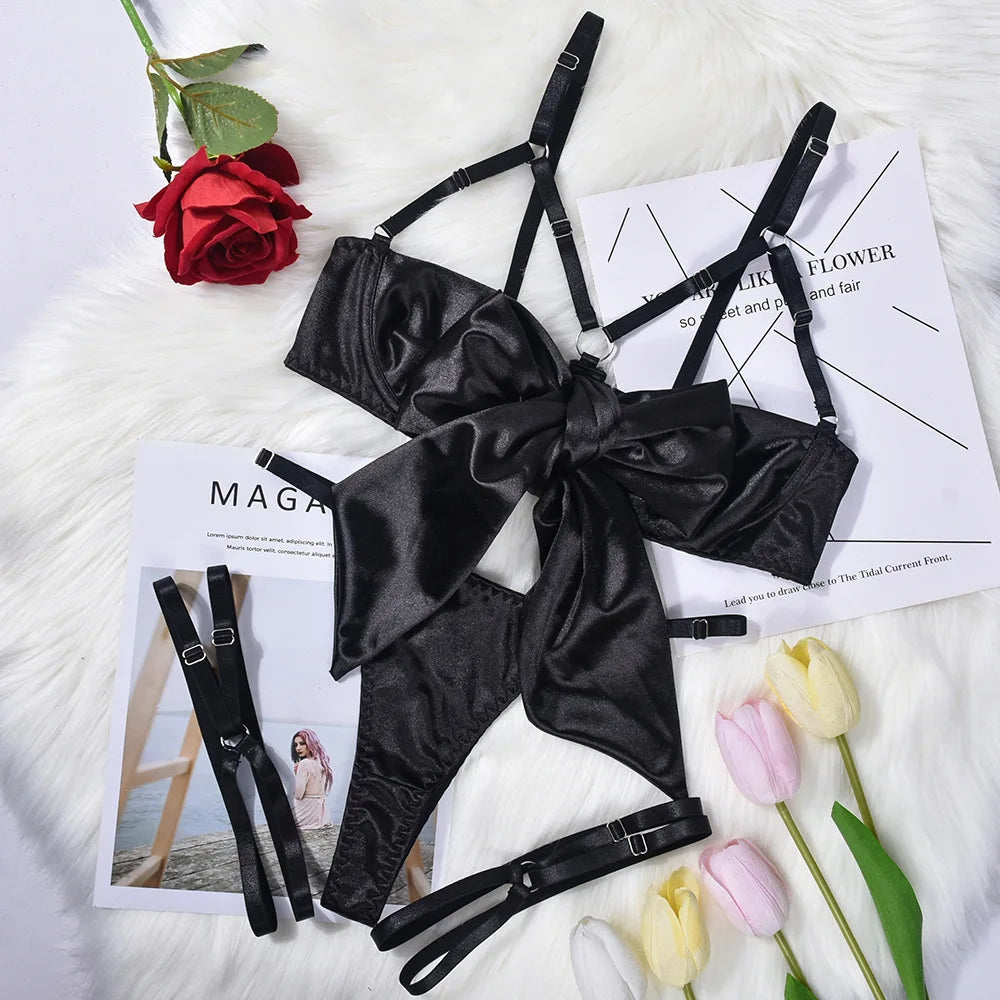 Women's Exquisite Bow Underwire Three Piece Matching Lingerie Set