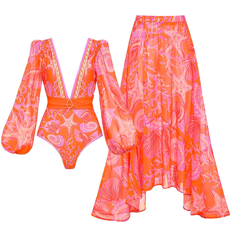 Elegant Women Jungle Green Print One Piece Swimsuit Skirt Set