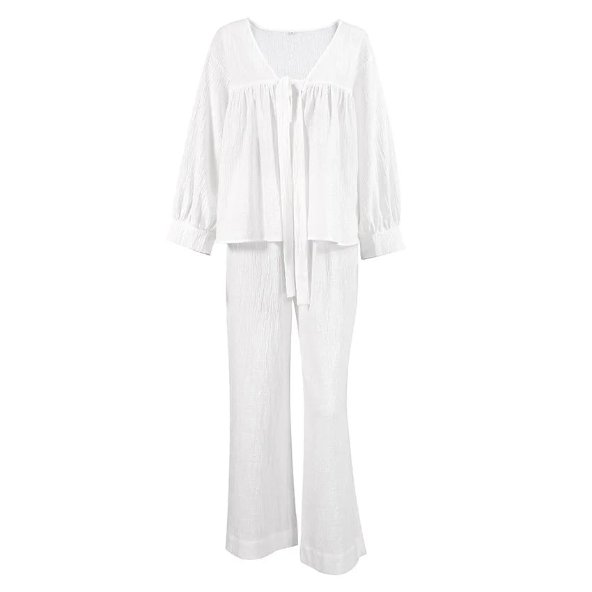 Breathable Cotton Women's V-Neck Pajama Set Loose Lounge Suit