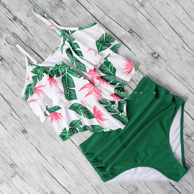 Premium Two Piece Ruffled Top High Waisted Swimsuit Set