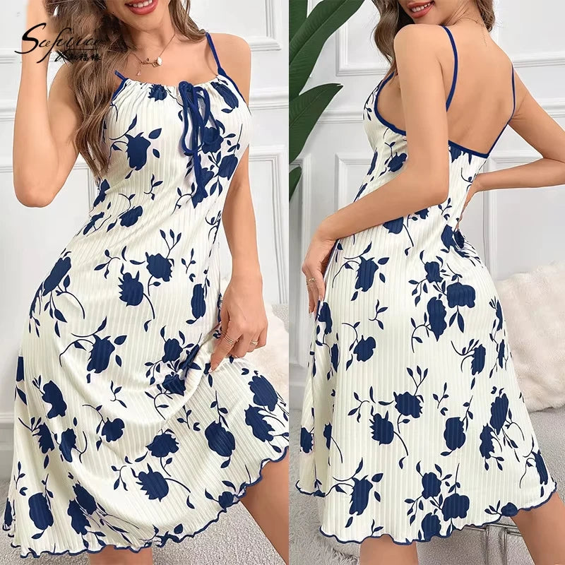 Elegant Women Floral Ribbed Summer Nightgown Lettuce Hem Dress