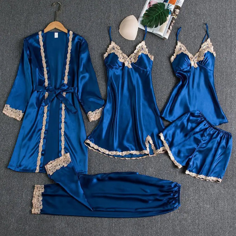 Women's 5-Piece Satin Sleepwear Set Includes Robe Nightgown Top Shorts And Pants