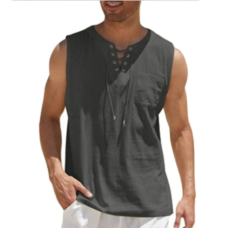 Men's Casual Sleeveless V-Neck Lace Up Retro Vest Shirt