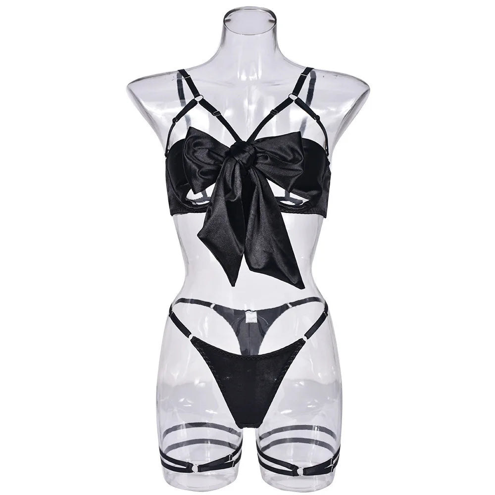 Women's Exquisite Bow Underwire Three Piece Matching Lingerie Set