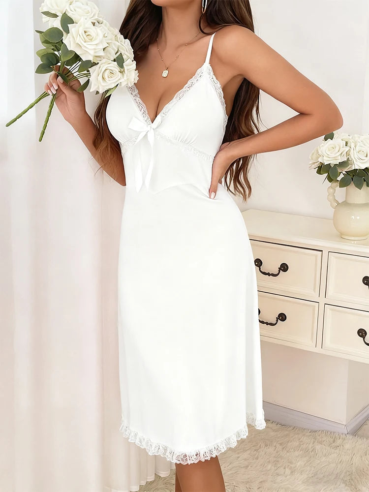 Premium Women V Neck Lace Sleepwear Duo Romantic Nightgown