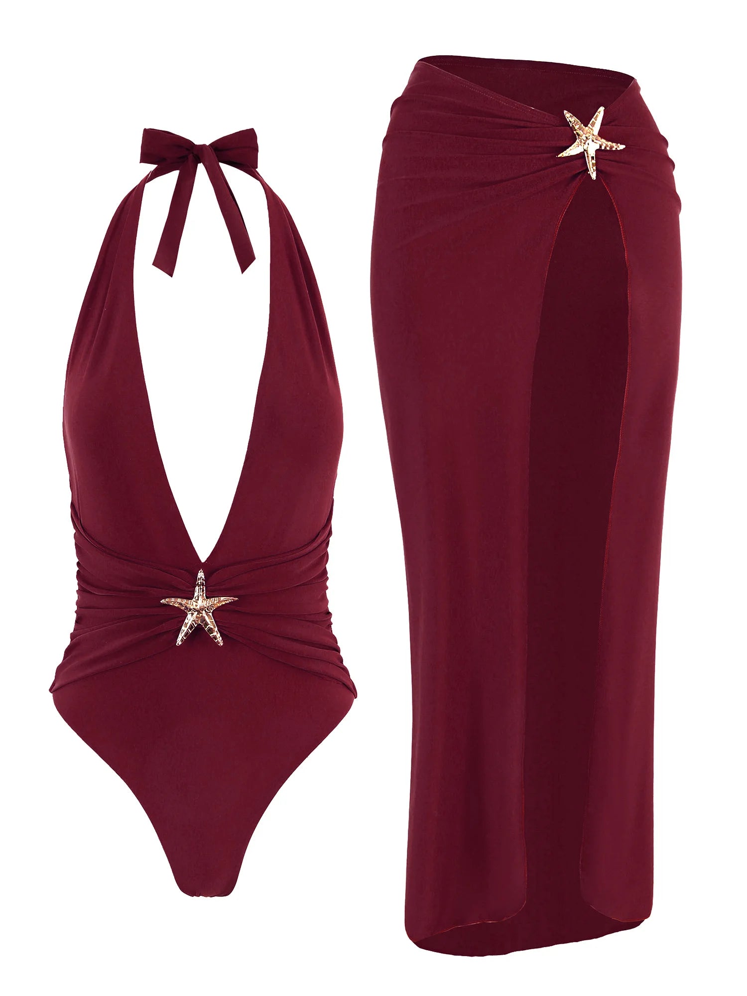 Chic Two Piece Halter Swimsuit Set Matching Beach Skirt